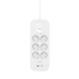 Belkin Listwa zasilająca Belkin Power Surge 6-PORT + 1xUSB-A +1xUSB-C 2.4A PD 650J 2m White Schuko