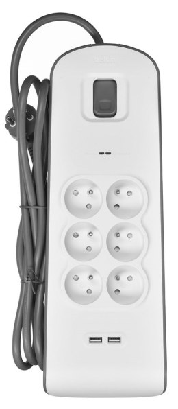 Belkin Listwa zasilająca Belkin Power Surge 6-PORT + 2xUSB-A 2.4A 650J 2m Grey/White