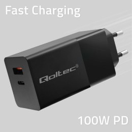 Qoltec QOLTEC ŁADOWARKA GAN POWER PRO | 1XUSB-C | 1XUSB | 100W | 5-20V | 1.5-5A | PD | CZARNA