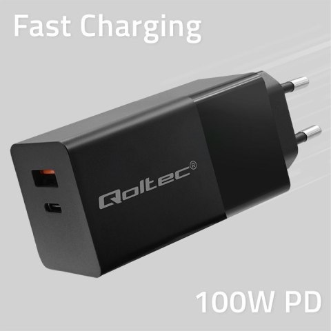 Qoltec QOLTEC ŁADOWARKA GAN POWER PRO | 1XUSB-C | 1XUSB | 100W | 5-20V | 1.5-5A | PD | CZARNA Qoltec QOLTEC ŁADOWARKA GAN POWER PRO | 1XUSB-C | 1XUSB | 100W | 5-20V | 1.5-5A | PD | CZARNA