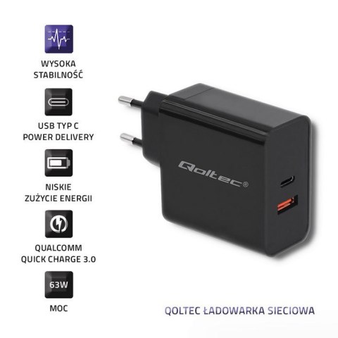 Qoltec QOLTEC ŁADOWARKA SIECIOWA 63W | 5-20V | 1.5-3A | USB TYP C PD | USB QC 3.0 | CZARNA Qoltec QOLTEC ŁADOWARKA SIECIOWA 63W | 5-20V | 1.5-3A | USB TYP C PD | USB QC 3.0 | CZARNA