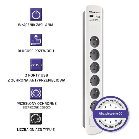 Qoltec QOLTEC LISTWA ZASILAJĄCA ANTYPRZEPIĘCIOWA | 6 GNIAZD | 2 X USB | 1.8M | BIAŁO-SZARA Qoltec QOLTEC LISTWA ZASILAJĄCA ANTYPRZEPIĘCIOWA | 6 GNIAZD | 2 X USB | 1.8M | BIAŁO-SZARA