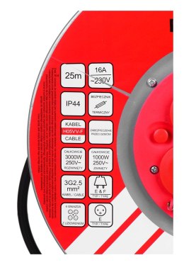 VERTEX Przedłużacz elektryczny bębnowy 25M VERTEX 3x2,5mm PB25METAL czarny