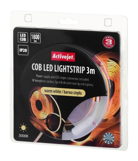 Activejet Taśma LED COB 3m z zasilaczem barwa ciepła IP20 Activejet Taśma LED COB 3m z zasilaczem barwa ciepła IP20