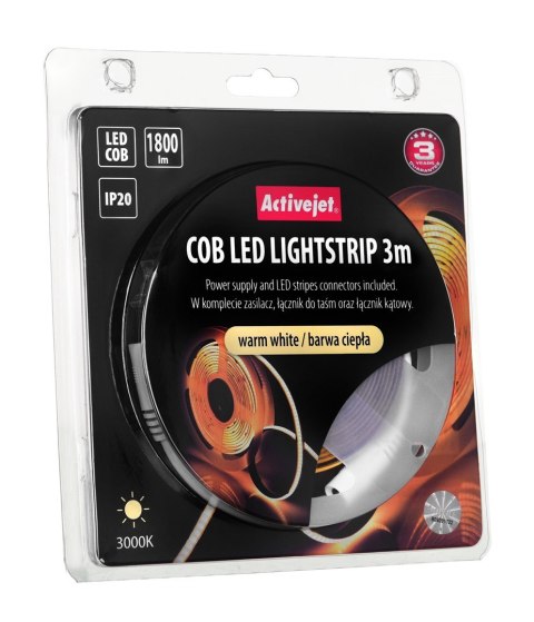 Activejet Taśma LED COB 3m z zasilaczem barwa ciepła IP20 Activejet Taśma LED COB 3m z zasilaczem barwa ciepła IP20
