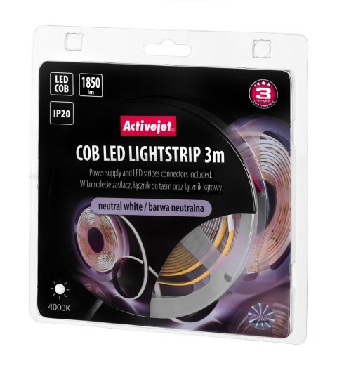 Activejet Taśma LED COB 3m z zasilaczem barwa neutralna IP20 Activejet Taśma LED COB 3m z zasilaczem barwa neutralna IP20