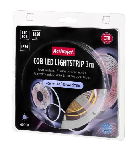 Activejet Taśma LED COB 3m z zasilaczem barwa zimna IP20 Activejet Taśma LED COB 3m z zasilaczem barwa zimna IP20