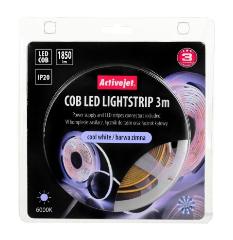 Activejet Taśma LED COB 3m z zasilaczem barwa zimna IP20 Activejet Taśma LED COB 3m z zasilaczem barwa zimna IP20