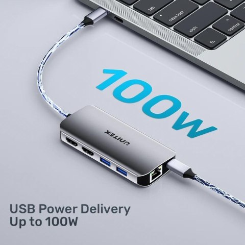 UNITEK UNITEK AKTYWNY HUB USB-C 2X HDMI, CZYTNIK SD, 4K, RJ-45, PD 100W, 5 GBPS UNITEK UNITEK AKTYWNY HUB USB-C 2X HDMI, CZYTNIK SD, 4K, RJ-45, PD 100W, 5 GBPS