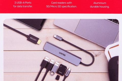UNITEK UNITEK HUB USB-C 7W1, HDMI 4K, PD 100W, 5GBPS, ALU UNITEK UNITEK HUB USB-C 7W1, HDMI 4K, PD 100W, 5GBPS, ALU