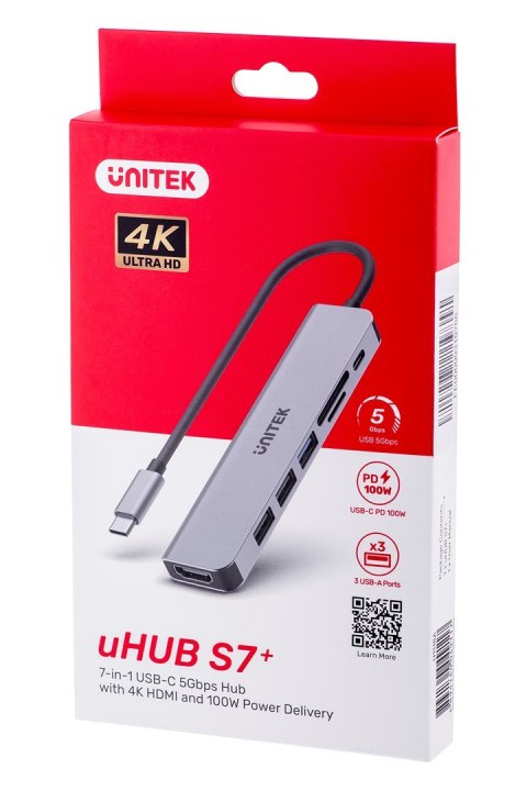 UNITEK UNITEK HUB USB-C 7W1, HDMI 4K, PD 100W, 5GBPS, ALU UNITEK UNITEK HUB USB-C 7W1, HDMI 4K, PD 100W, 5GBPS, ALU