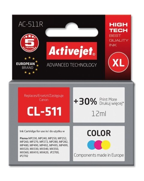 Activejet Activejet AC-511R Tusz (zamiennik Canon CL-511; Premium; 12 ml; kolor) Activejet Activejet AC-511R Tusz (zamiennik Canon CL-511; Premium; 12 ml; kolor)