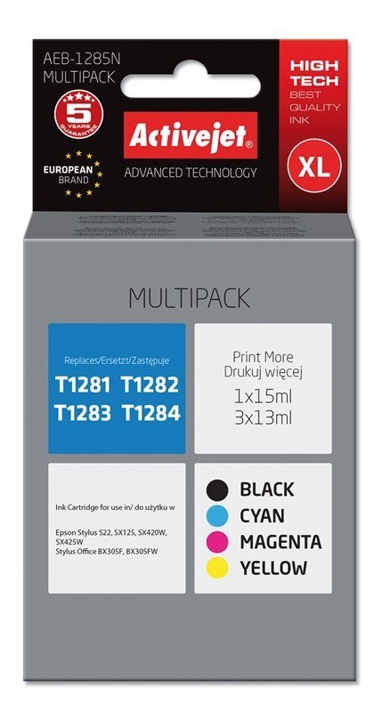 Activejet Activejet AEB-1285N Tusz (zamiennik Epson T1281, T1282, T1283, T1284; Supreme; 1 x 15 ml, 3 x 13 ml; czarny, czerwony, niebieski Activejet Activejet AEB-1285N Tusz (zamiennik Epson T1281, T1282, T1283, T1284; Supreme; 1 x 15 ml, 3 x 13 ml; czarny, czerwony, niebieski