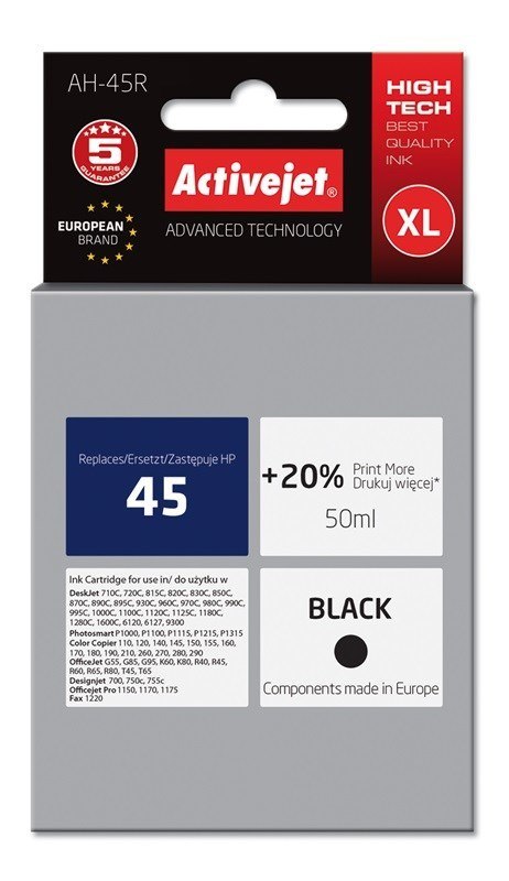 Activejet Activejet AH-45R Tusz (zamiennik HP 45 51645A; Premium; 50 ml; czarny) Activejet Activejet AH-45R Tusz (zamiennik HP 45 51645A; Premium; 50 ml; czarny)