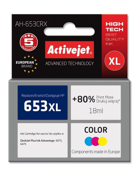 Activejet Activejet AH-653CRX Tusz (zamiennik HP 653XL 3YM74AE; Premium; 320 stron; 18 ml, Kolorowy) Activejet Activejet AH-653CRX Tusz (zamiennik HP 653XL 3YM74AE; Premium; 320 stron; 18 ml, Kolorowy)