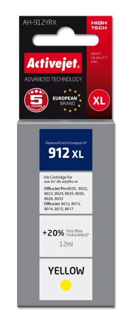 Activejet Activejet AH-912YRX Tusz (zamiennik HP 912XL 3YL83AE; Premium; 990 stron; 12 ml, żółty)