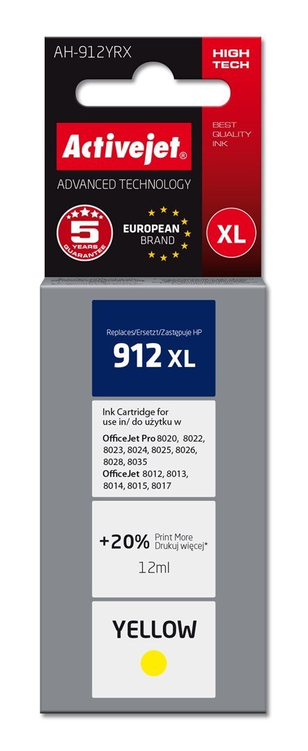 Activejet Activejet AH-912YRX Tusz (zamiennik HP 912XL 3YL83AE; Premium; 990 stron; 12 ml, żółty) Activejet Activejet AH-912YRX Tusz (zamiennik HP 912XL 3YL83AE; Premium; 990 stron; 12 ml, żółty)