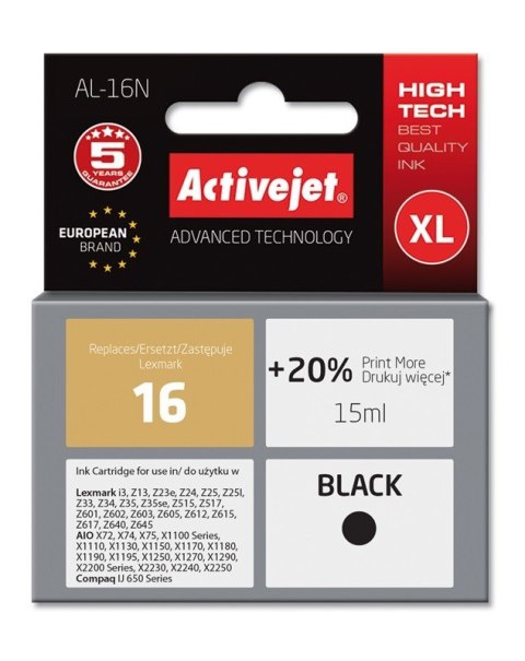 Activejet Activejet AL-16N Tusz (zamiennik Lexmark 16 10N0016; Supreme; 15 ml; czarny) Activejet Activejet AL-16N Tusz (zamiennik Lexmark 16 10N0016; Supreme; 15 ml; czarny)