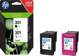 Hewlett-Packard Tusz HP zestaw HP 301+HP 301, HP301+HP301=N9J72AE, zawiera czarny i kolor, CH561EE+CH562EE, zastąpił CR340EE, J3M81AE