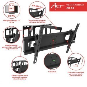 ART Uchwyt ścienny do telewizora ART AR-52 (ścienne; 30" - 70"; max. 60kg) ART Uchwyt ścienny do telewizora ART AR-52 (ścienne; 30" - 70"; max. 60kg)