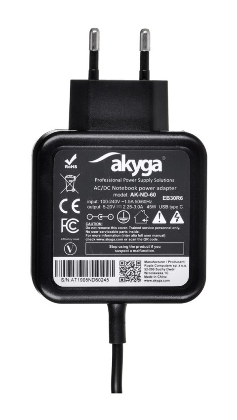 Akyga Zasilacz sieciowy Akyga AK-ND-60 do notebooka (20 V; 2,25 A, 2,31 A, 2,37 A, 2,64 A, 3,0 A; 45W; USB Typ C ) Akyga Zasilacz sieciowy Akyga AK-ND-60 do notebooka (20 V; 2,25 A, 2,31 A, 2,37 A, 2,64 A, 3,0 A; 45W; USB Typ C )