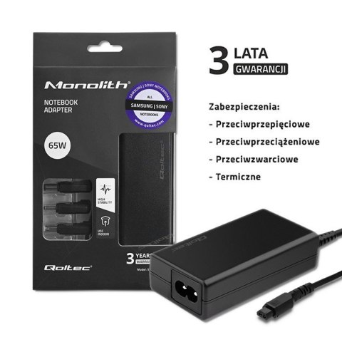 Qoltec QOLTEC ZASILACZ DO LAPTOPÓW SPECJALIZOWANY DO SAMSUNG / SONY 65W | 3WTYCZKI | +KABEL ZASILAJĄCY Qoltec QOLTEC ZASILACZ DO LAPTOPÓW SPECJALIZOWANY DO SAMSUNG / SONY 65W | 3WTYCZKI | +KABEL ZASILAJĄCY