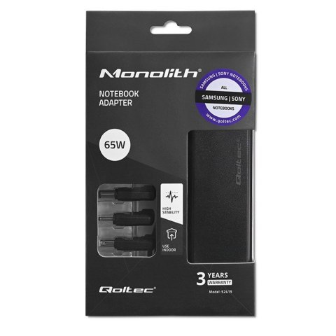 Qoltec QOLTEC ZASILACZ DO LAPTOPÓW SPECJALIZOWANY DO SAMSUNG / SONY 65W | 3WTYCZKI | +KABEL ZASILAJĄCY Qoltec QOLTEC ZASILACZ DO LAPTOPÓW SPECJALIZOWANY DO SAMSUNG / SONY 65W | 3WTYCZKI | +KABEL ZASILAJĄCY