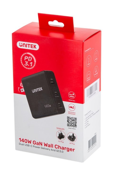 UNITEK UNITEK ŁADOWARKA GAN 2X USB-C, USB-A, 140W UNITEK UNITEK ŁADOWARKA GAN 2X USB-C, USB-A, 140W