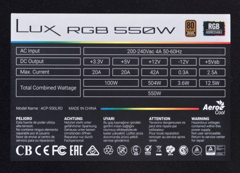Aerocool Zasilacz Aerocool LUX AEROPGSLUXRGB-550 (550 W; 120 mm) Aerocool Zasilacz Aerocool LUX AEROPGSLUXRGB-550 (550 W; 120 mm)