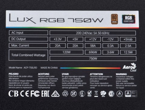 Aerocool Zasilacz Aerocool LUX AEROPGSLUXRGB-750 (750 W; 120 mm) Aerocool Zasilacz Aerocool LUX AEROPGSLUXRGB-750 (750 W; 120 mm)