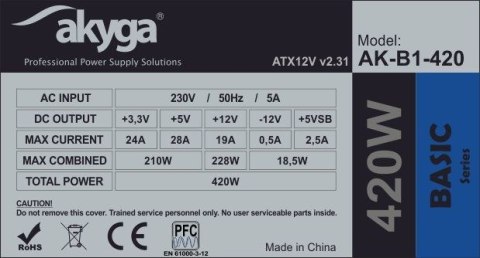 Akyga Zasilacz Akyga AK-B1-420 (420 W; Pasywne; 120 mm) Akyga Zasilacz Akyga AK-B1-420 (420 W; Pasywne; 120 mm)