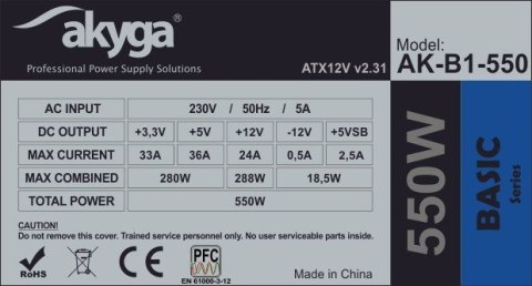 Akyga Zasilacz Akyga Basic AK-B1-550 (550 W; Pasywne; 120 mm) Akyga Zasilacz Akyga Basic AK-B1-550 (550 W; Pasywne; 120 mm)
