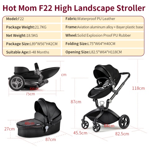 Wózek dziecięcy Hot Mom F22 3w1, regulowane siedzisko, aluminiowa rama, solidne gumowe opony, osłona przeciwdeszczowa, moskitiera, duży kosz do przechowywania Wózek dziecięcy Hot Mom F22 3w1, regulowane siedzisko, aluminiowa rama, solidne gumowe opony, osłona przeciwdeszczowa, moskitiera, duży kosz do przechowywania