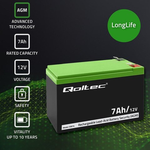 QOLTEC AKUMULATOR AGM 12V | 7AH | MAX. 105A | SECURITY QOLTEC AKUMULATOR AGM 12V | 7AH | MAX. 105A | SECURITY