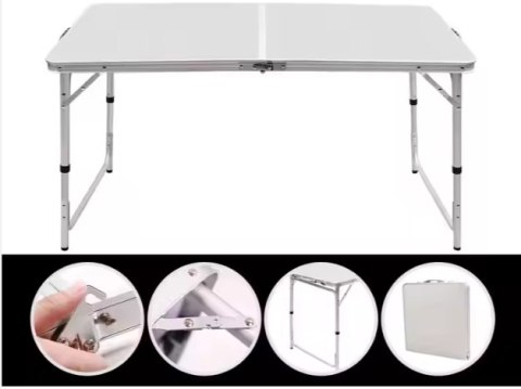 LEAN Stół Turystyczny Kempingowy Składany Regulowany Aluminiowy Biały 120x60cm