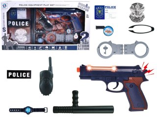 LEAN Toys Duży Zestaw Policyjny Pistolet z Dźwiękiem Kajdanki Odznaka