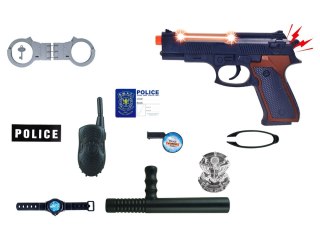 LEAN Toys Duży Zestaw Policyjny Pistolet z Dźwiękiem Kajdanki Odznaka