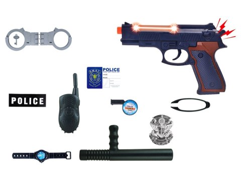 LEAN Toys Duży Zestaw Policyjny Pistolet z Dźwiękiem Kajdanki Odznaka