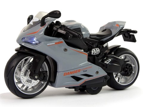 LEAN Toys Motocykl Sportowy Szary Pomarańczowe Pasy 1:12 Napęd Pull-Back Dźwięk Światła