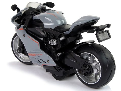 LEAN Toys Motocykl Sportowy Szary Pomarańczowe Pasy 1:12 Napęd Pull-Back Dźwięk Światła