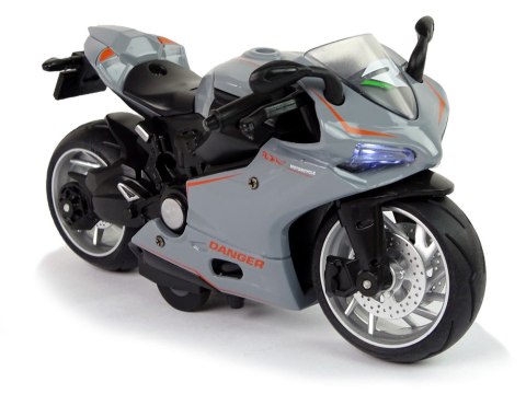 LEAN Toys Motocykl Sportowy Szary Pomarańczowe Pasy 1:12 Napęd Pull-Back Dźwięk Światła