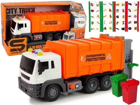 LEAN Toys Śmieciarka Napęd Frykcyjnym Efekty Dźwiękowe Pomarańczowa 1:16 Segregowanie