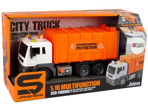 LEAN Toys Śmieciarka Napęd Frykcyjnym Efekty Dźwiękowe Pomarańczowa 1:16 Segregowanie