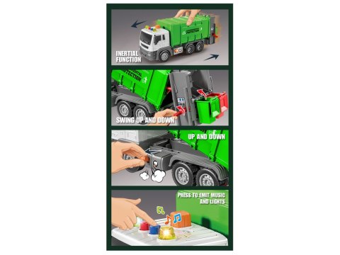 LEAN Toys Śmieciarka Napęd Frykcyjnym Efekty Dźwiękowe Zielona 1:16 Segregowanie
