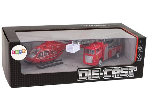 LEAN Toys Zestaw Autek Straż Pożarna Drabina Naciąg Helikopter