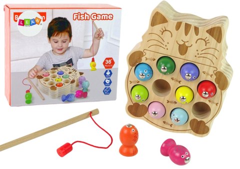 LEAN Toys Drewniana Gra Zręcznościowa Łowienie Rybek 2 Wędki Kotek