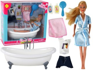 LEAN Toys Lalka Dla Dzieci Długie Blond Włosy Szlafrok Niebieski Wanna Łazienka