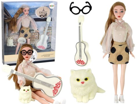 LEAN Toys Lalka Dla Dzieci Emily z Gitarą Okulary Długie Blond Włosy Kotek