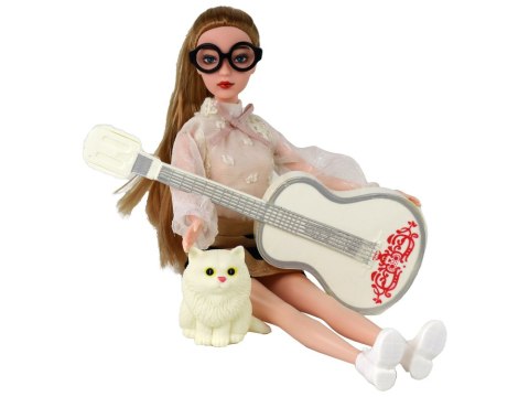 LEAN Toys Lalka Dla Dzieci Emily z Gitarą Okulary Długie Blond Włosy Kotek