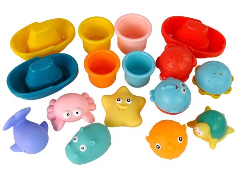 LEAN Toys Zestaw Do Kąpieli Zabawki Morskie Podbierak Łódki 17 Sztuk